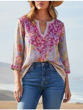 Amaya Embroidered Tunic Top Floral Pink Light Blue Multicolor Cotton Boho us 6